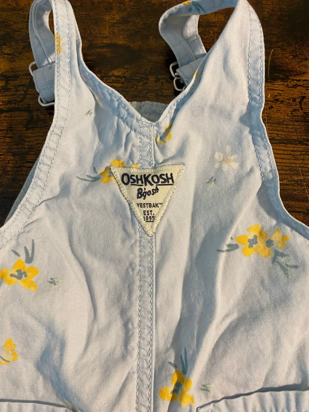 OshKosh B'gosh Light Blue Floral Short Overalls with Yellow Accents
